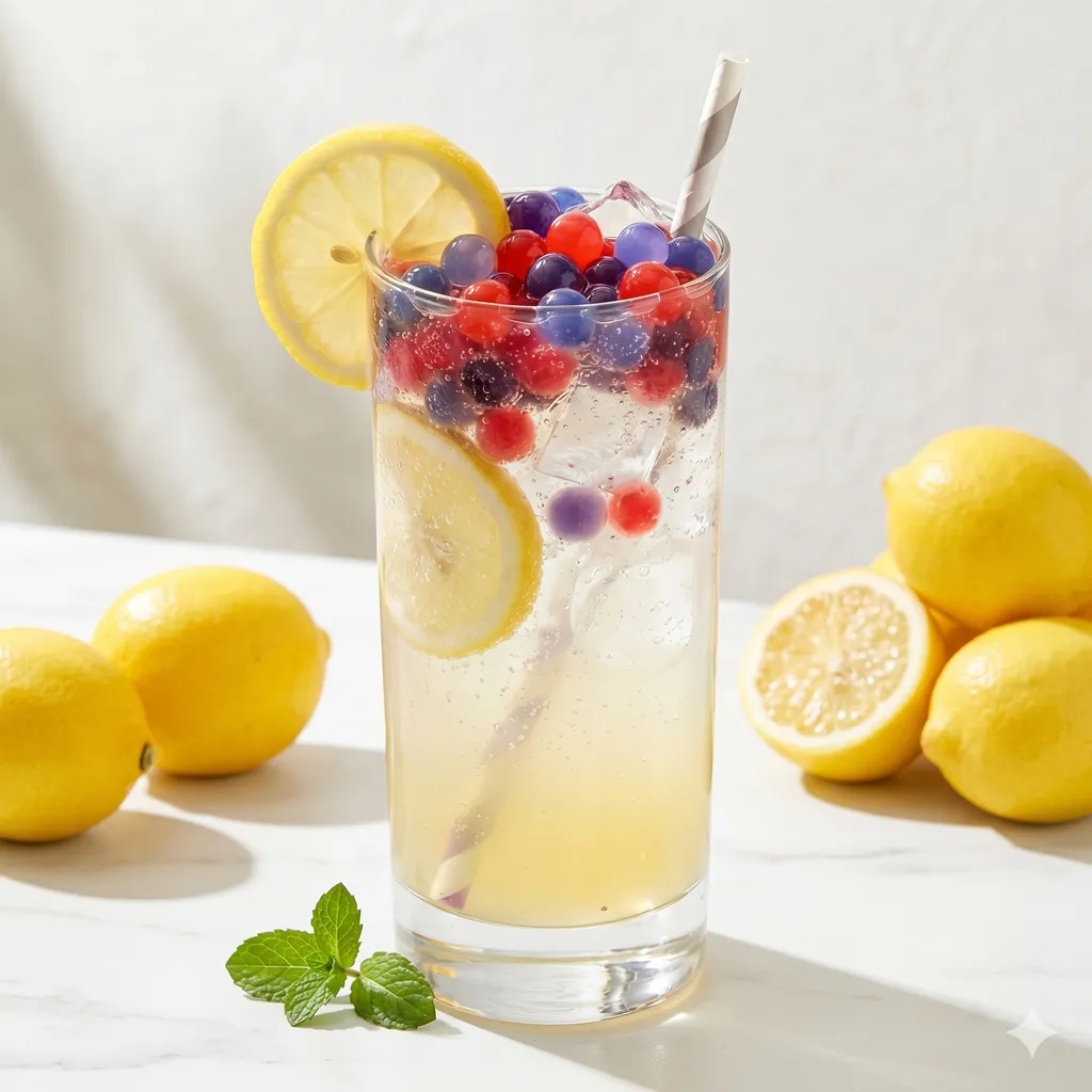 Fizzpop popping boba in a sparkling fruit drink with lemon and berries