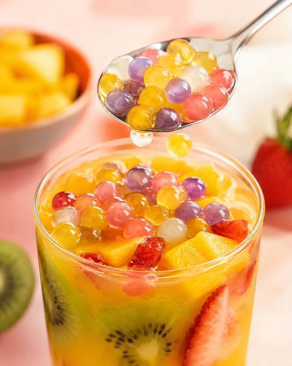 A spoon dripping popping pearls into a fruit-filled glass