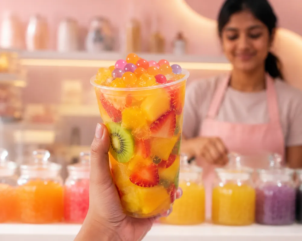 A hand holding a Fizzpop fruit cup at our counter, founder at work behind